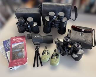 Binoculars, spotting scope, walkies