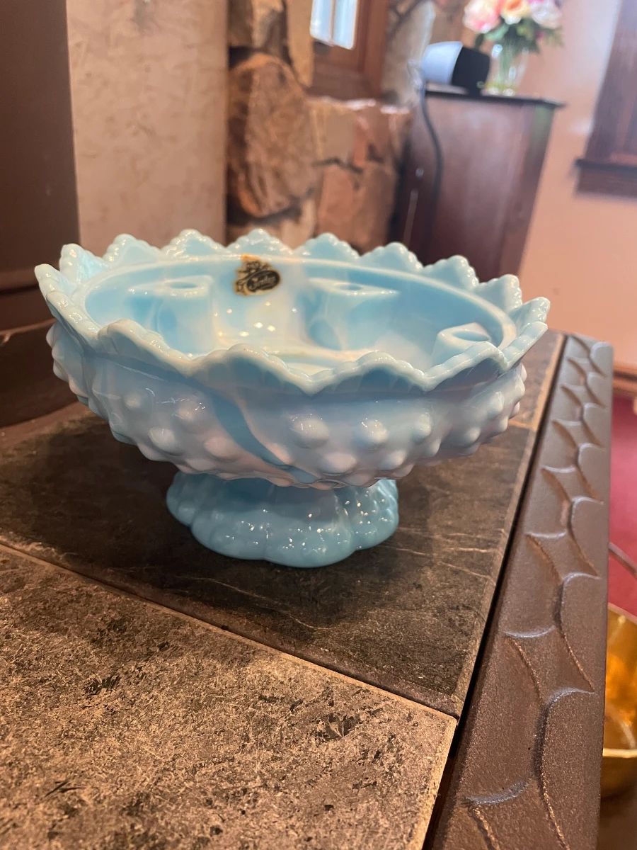 Fenton glass, blue marble candle bowl 