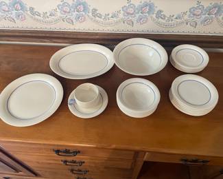 USA made HLC Swingline China, Debutante pattern plate, cup & saucer, cereal bowl, 6 sets, and 3 serving dishes. 