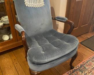 Traditional Revival Grandfather Chair, blue velvet with walnut wood legs and arms 