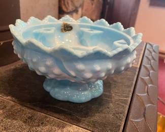 Fenton glass, blue marble candle bowl 
