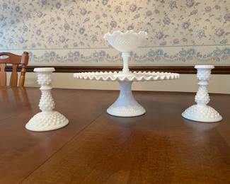 Fenton Glass hobnail milk glass cake stand, candle holders and candy dish