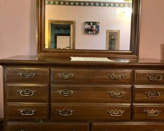 American mid-century traditional / colonial revival crossover cherry bedroom set- 1815 double dresser with mirror, lowboy, one nightstand, and spindled queen headboard only. 