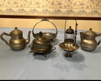 Antique Victorian Silver plated covered butter dish, 2 Antique Pewter or Silver plated teapots with scroll handle