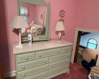Late 60s–early 70s “Early American / cottage / colonial revival Dresser + mirror 
