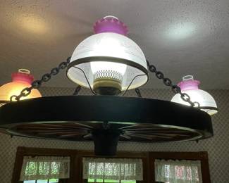 Hand Made Wagon Wheel chandelier with 4 decorative pendant lights 