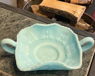 Fenton blue satin candy dish 