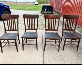 Antique slat back side chairs, with black seats, 4 each