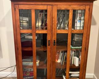 Mission style solid hardwood double-door bookcase with leaded glass