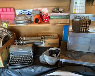 vintage typewriter, cash register, 