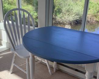 Blue and White Painted Table With Two White Chairs