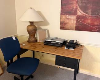 IKEA MICKE Desk with Blue Office Chair, Toshiba DVD Player, Samsung VCR/DVD Combo, and Panasonic Microcassette Recorder