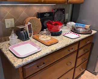 Assorted Kitchenware Collection with Vintage Scale and Christmas Platter