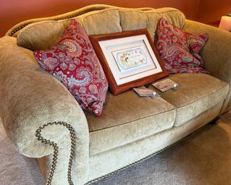 Ethan Allen Arched Back Loveseat with Paisley Upholstery