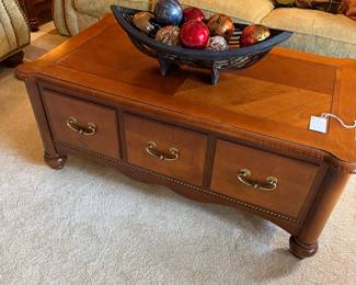 Ethan Allen Country French Style Cherry Wood Coffee Table with Faux Drawer Fronts and Decorative Nailhead Trim