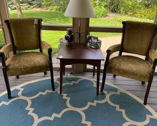 Vintage Upholstered Armchairs with Side Table and Lamp