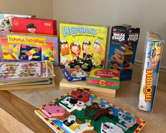 Assorted Board Games and Puzzles Collection: Hedbanz for Adults, Jenga, Trouble, Playful Patterns, and Melissa & Doug Farm Animal Puzzle