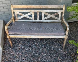 g Vintage Wooden Outdoor Bench with Worn Grey Cushion