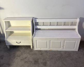 f White Wooden Small Bookshelf with Drawer and Matching Storage Bench