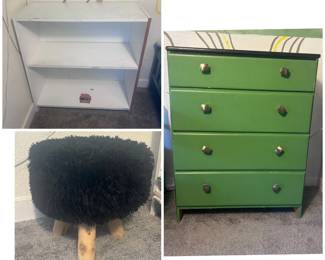 kk Piece Childrens Furniture Lot  Green 4Drawer Dresser, Bookcase  Faux Fur Stool