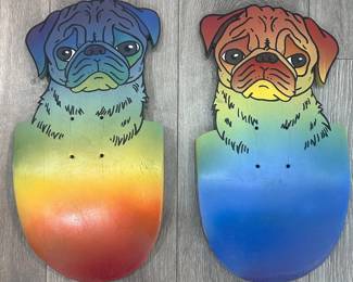 ar Upcycled Skateboard Deck Wall Art  Colorful Pug Dog Pair  Hand Painted Urban Street Art