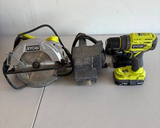 g Ryobi Power Tool Lot Including Circular Saw, Drill, and Belt Sander