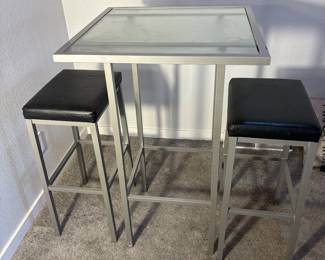 f 3Piece Counter Height Bar Set with Glass Table and Black Cushioned Stools