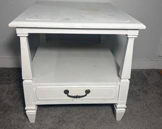 f White Painted Wood Side Table with Drawer  Lower Shelf, Traditional Style