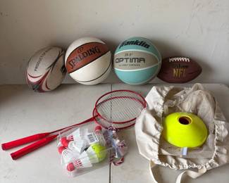 s MultiSport Equipment Set Including Basketballs, Rugby Ball, Football, Badminton Rackets  Shuttlecocks, and Training Cone with Carrying Bag