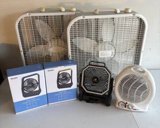 g Lot of 6 Mixed Fans Including Boxed Portable Battery Operated Fans and Classic White Box Fans