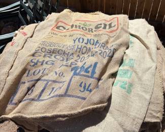 g Set of Approximately 30 Burlap Coffee Bags with Multilingual Advertising
