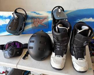 s GNU Choice 154cm Snowboard with Bindings, Boots, Helmet, and Goggles Set