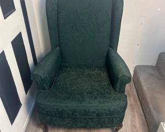 f Vintage Wingback Armchair, Green Upholstery, Queen Anne Legs