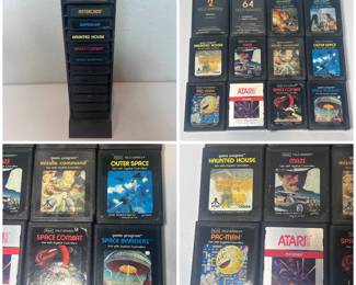 bb Vintage Atari 2600 Game Cartridge Lot w Storage Rack  PacMan, Space Invaders, Missile Command  More