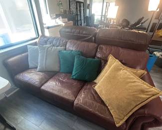 f Brown Faux Leather Sofa with Throw Pillows