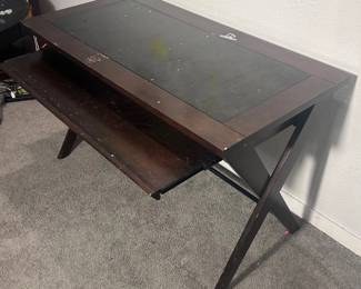 f Dark Wood Artist Writing Desk with Black Inlay Top, SlideOut Shelf  XFrame Base