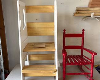 kk Childrens Learning Tower Stool with Red Wooden Rocking Chair