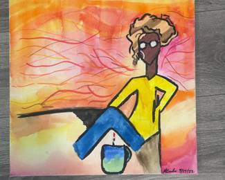 ar Signed Vibrant Abstract Figure Painting with Sunset