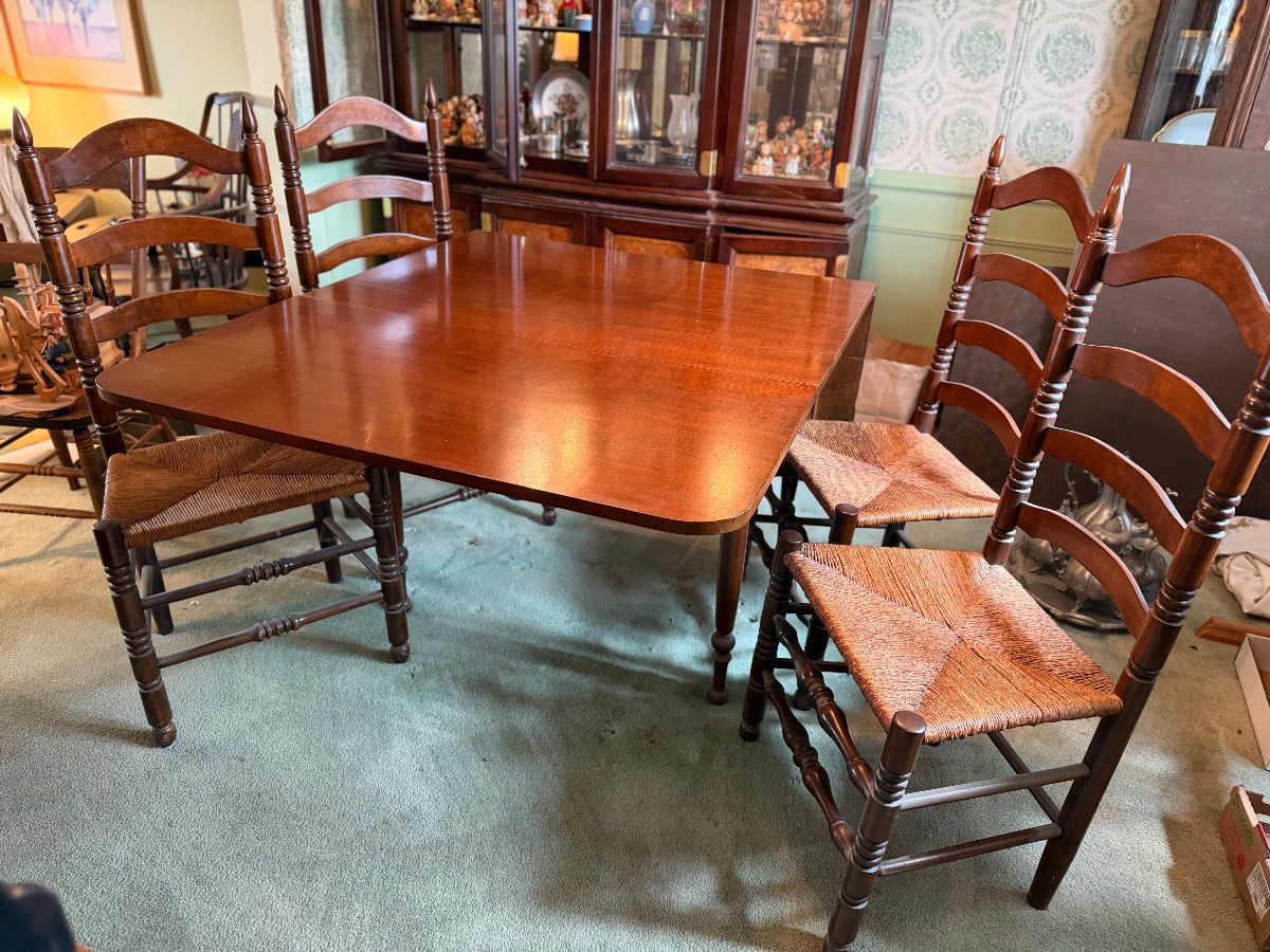 Beautiful antique drop leaf dining table with ladder back chairs 