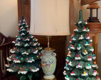 Vintage ceramic Christmas trees, lamp