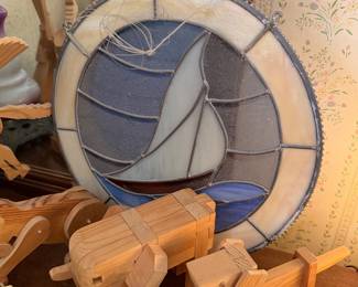 Sail boat stained glass wall hanging, hand made wooden animals