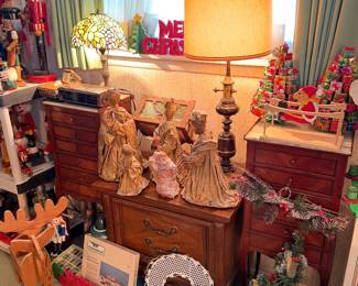 Antique French marble top tables, Christmas decor