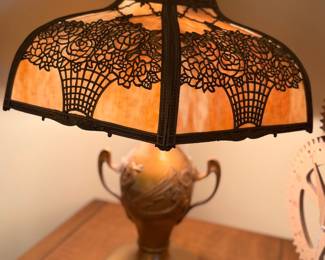 Beautiful turn of the century Amber Sunset Nile glass slag glass lamp