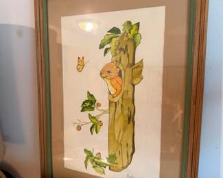 Art, cute, watercolor squirrel in tree