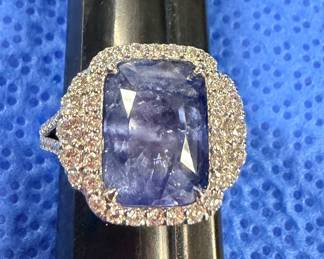 Large sapphire, platinum, and diamond ring