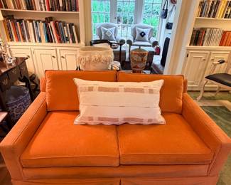 Vintage pair of tangerine colored loveseats - 70's perfection!