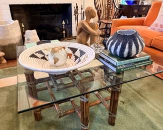 Vintage McGuire coffee table with glass top and bamboo base - STUNNING !
