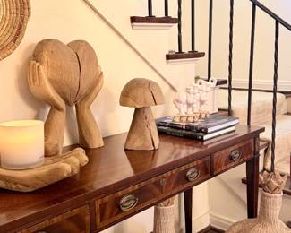 Eucalyptus wood mushroom and hands cupping heart sculptures