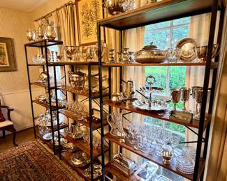 Shelves upon shelves of sterling and sterling plate serve ware of every kind!