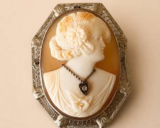 14K white gold vintage cameo with diamond accent